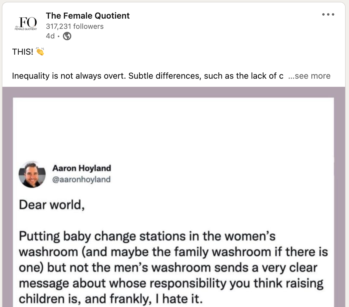 Screenshot of a LinkedIn post from user The Female Quotient, featuring a Twitter/X post from the user @AaronHoyland, as an example of repurposing UGC from one platform (Twitter) on another (LinkedIn).