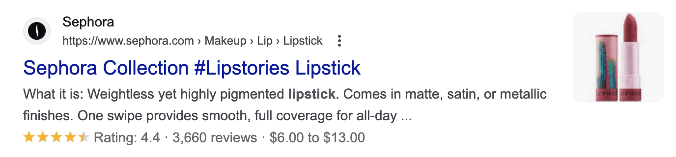 Screenshot of a Google SERP result for Sephora lipstick, with 'rich results' including star ratings, rating score (4.4), review count (3,660), and a price range ($6.00 to $13.00).