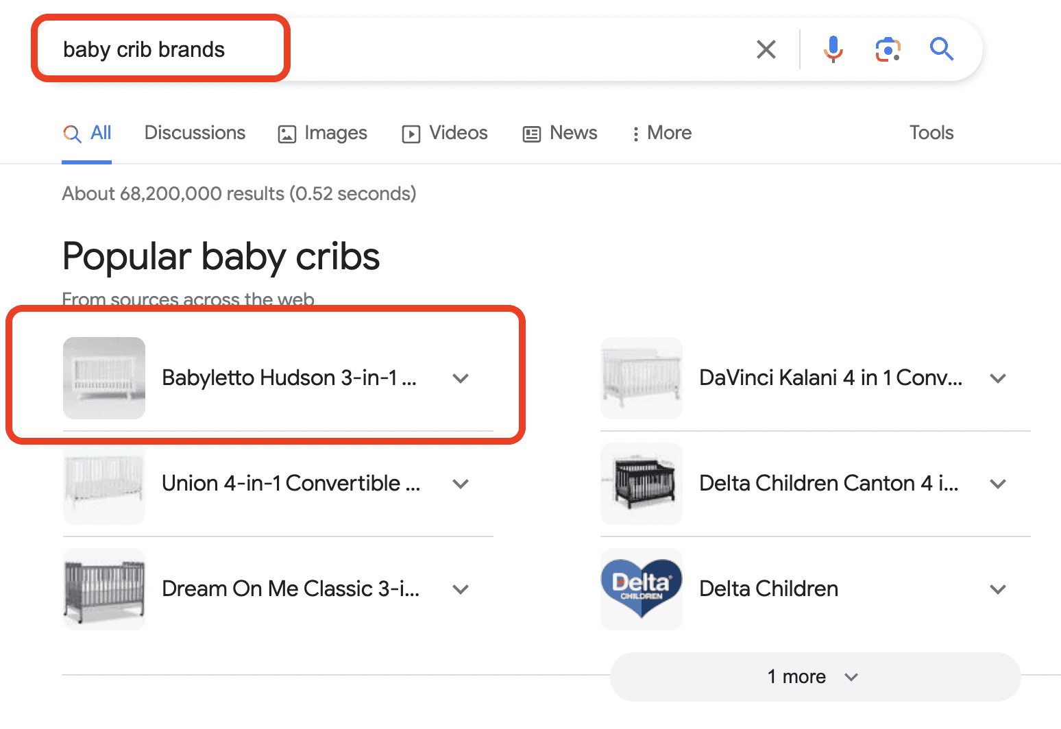 Screenshot of Google search result for baby crib brands and showing Babyletto Hudson as a popular recommendation