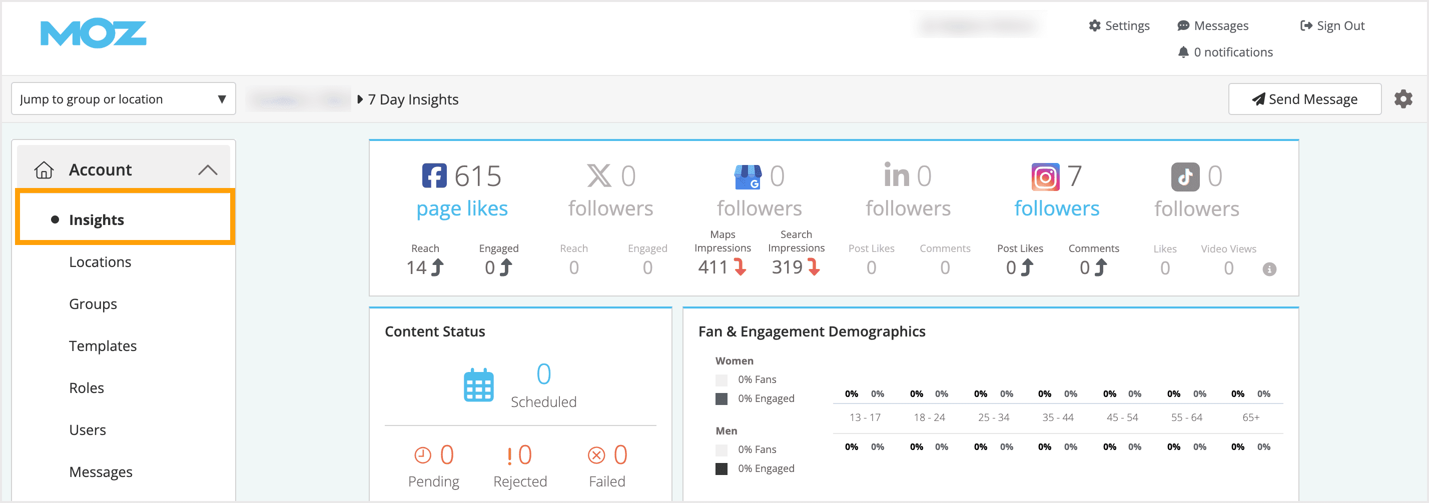 Screenshot of account level insights dashboard menu location.