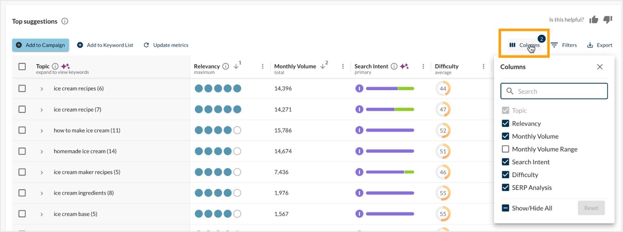 Screenshot showing how to customize the visible columns in keyword suggestions.