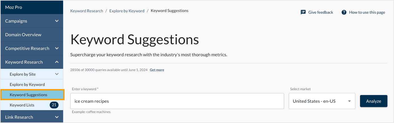Screenshot of the menu location for keyword suggestions.