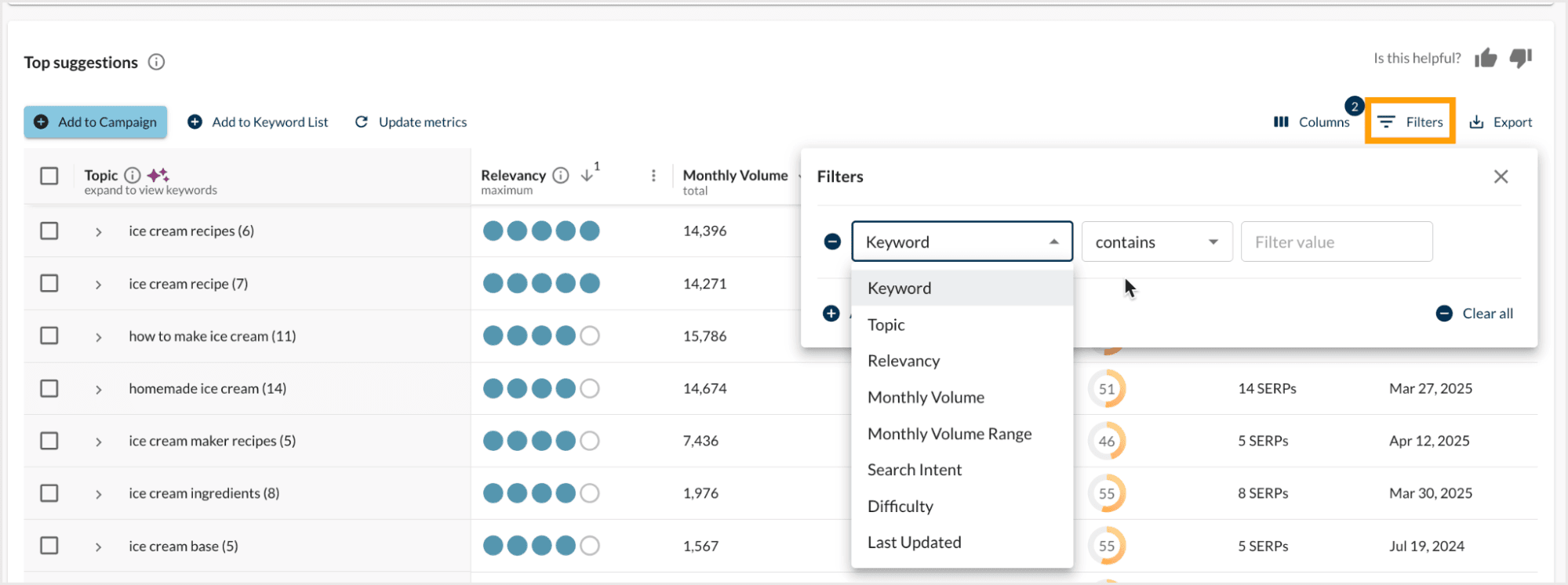 Screenshot of the filter options for the keyword suggestions table.