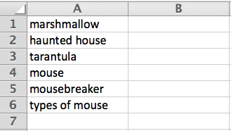 Example of the CSV for option 1 of Keyword List creation.