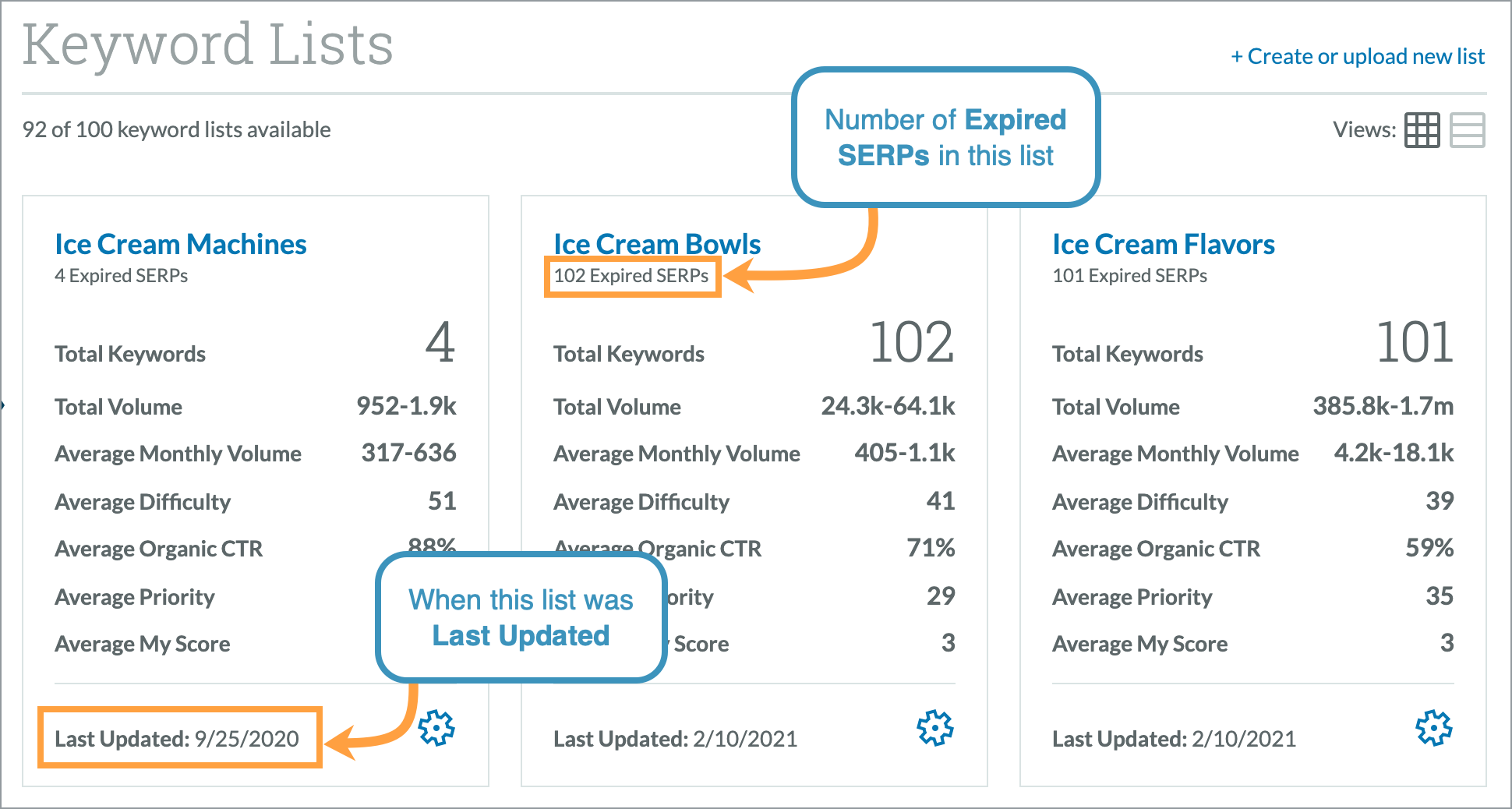Easily identify when a list was last updated and how many SERPs are expired.