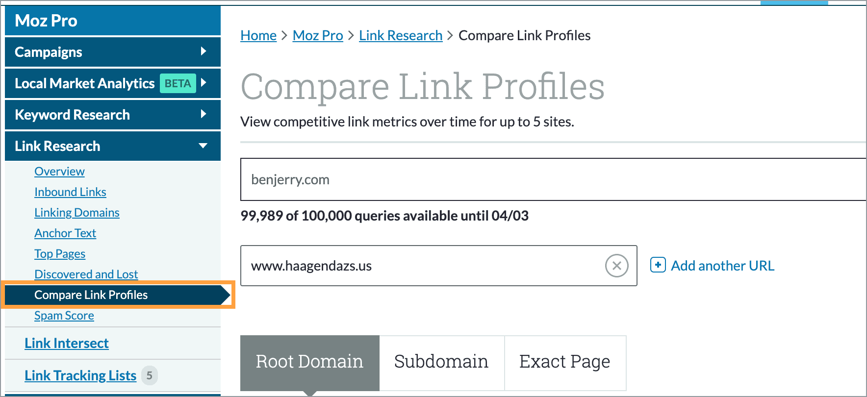 Link Explorer Compare Link Profiles menu location.