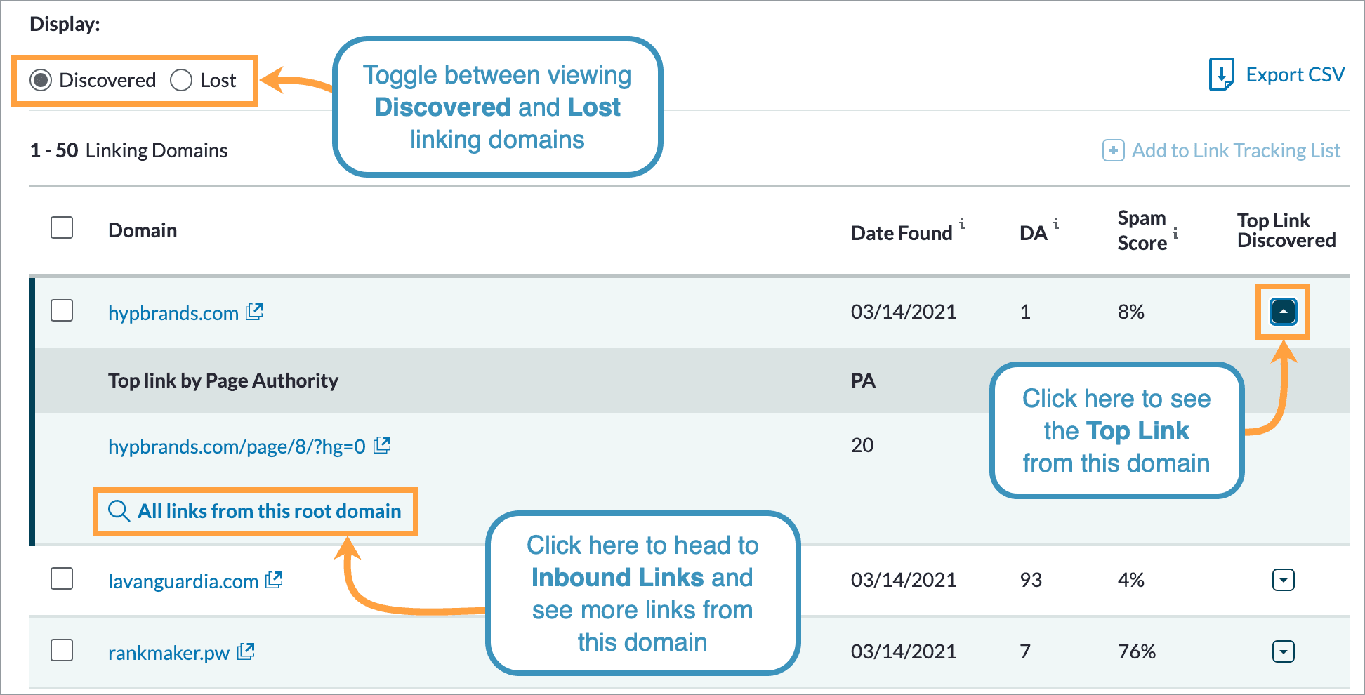 To view the top link discovered or lost, click the arrow in the far right column.