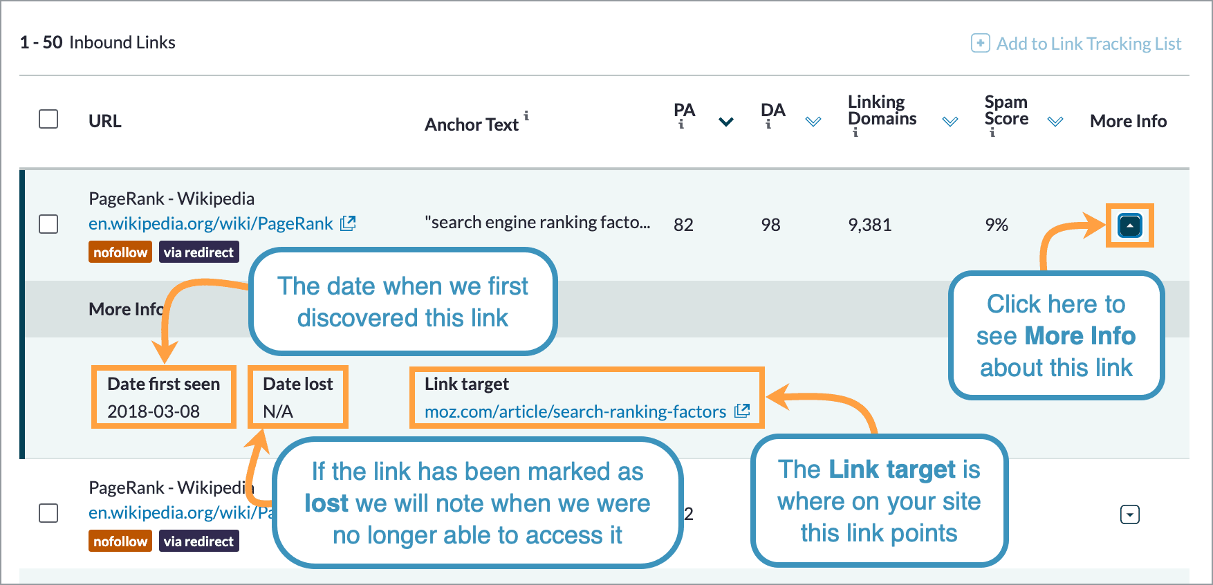 Click the arrow in the more info column to see when we first discovered a link.