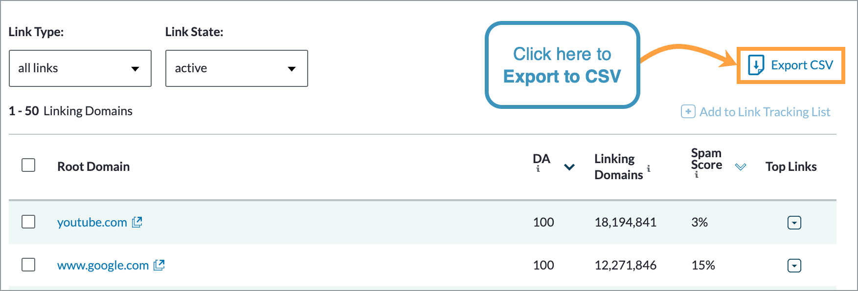 The export to CSV button is located to the right of the filter options in Linking Domains.