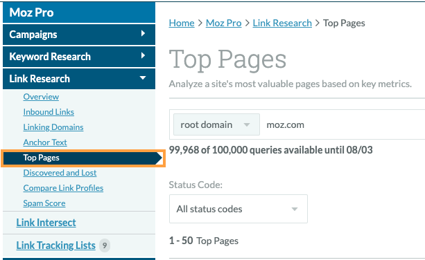 Link Explorer top pages menu location