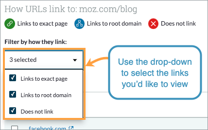The drop-down provided allows you to choose what types of links you'd like to view in your list for easier sorting.