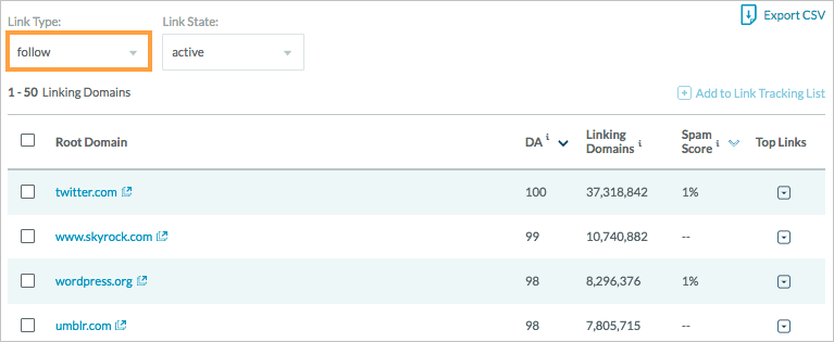 Filter by follow link type to see linking domains with at least one follow link associated with them for your site.