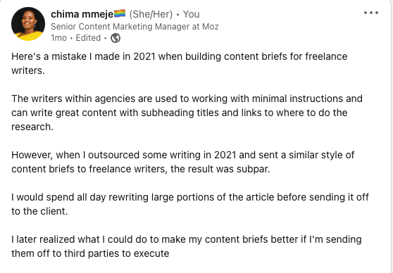 LinkedIn post by Chima Mmeje discussing lessons learned from creating content briefs for freelance writers