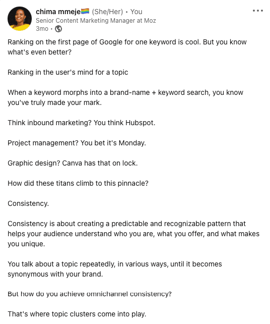 LinkedIn post by Chima Mmeje on the significance of ranking in users' minds