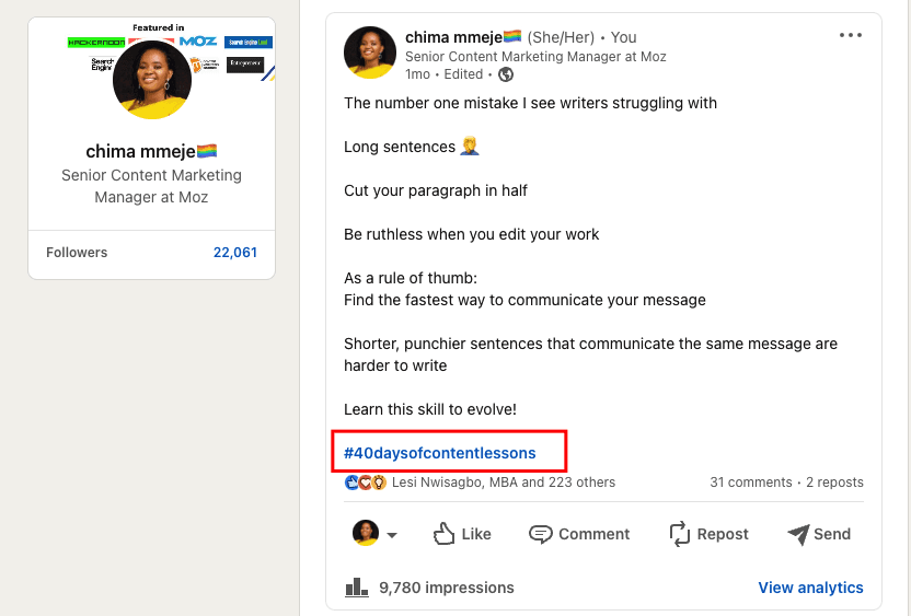 LinkedIn post by Chima Mmeje sharing content writing tips Viewers of this file can see comments and suggestions