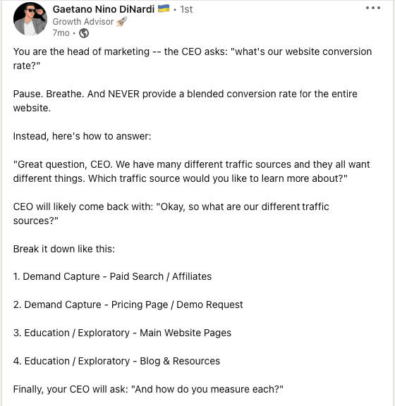 LinkedIn post by Gaetano DiNardi advising on how to respond to a CEO's question