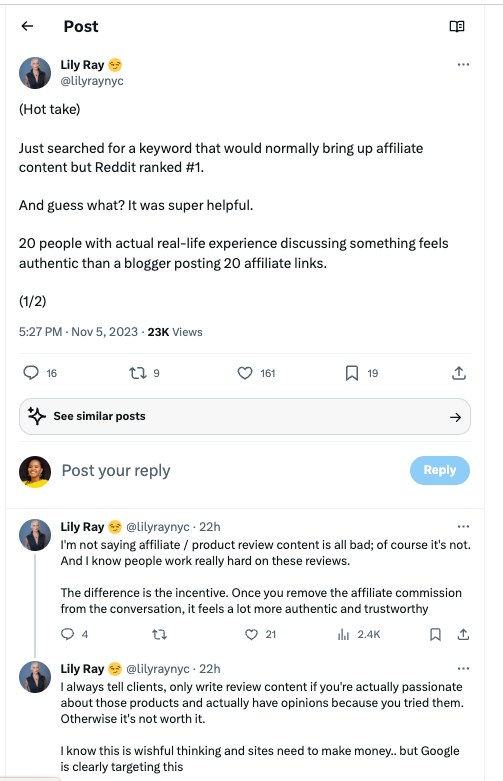 LinkedIn post by Lily Ray discussing the value of authentic, real-life experiences on Reddit over affiliate content