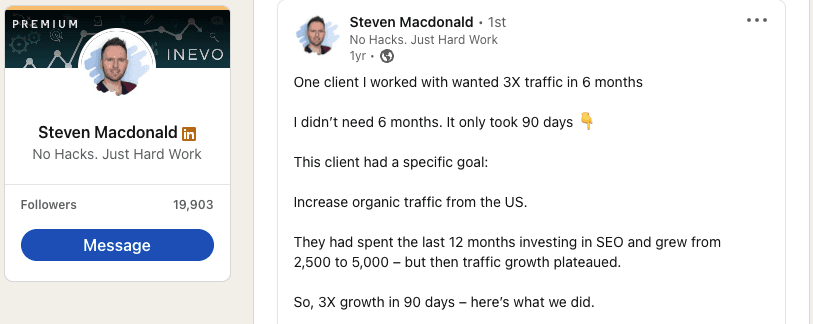 LinkedIn profile snippet of Steven MacDonald highlighting a client success story