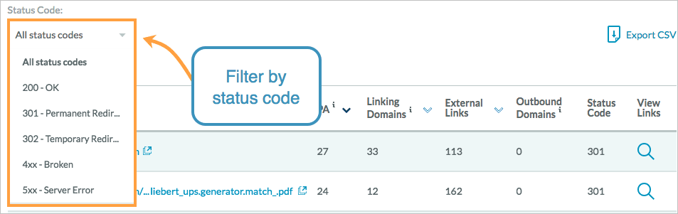 Use the drop-down to filter by status code and identify links to broken pages.