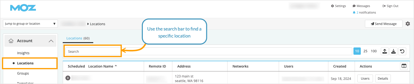Screenshot of Locations in the left-hand navigation menu of Moz Local.