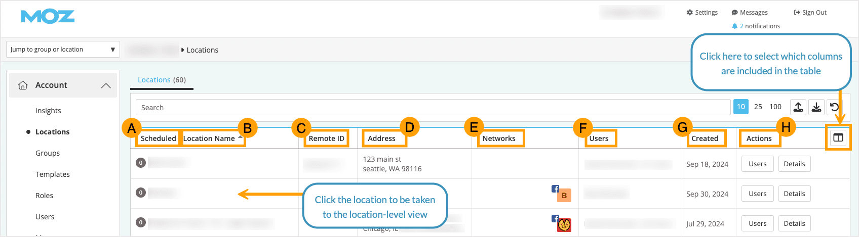 Screenshot of the locations table in Moz Local's Account section.