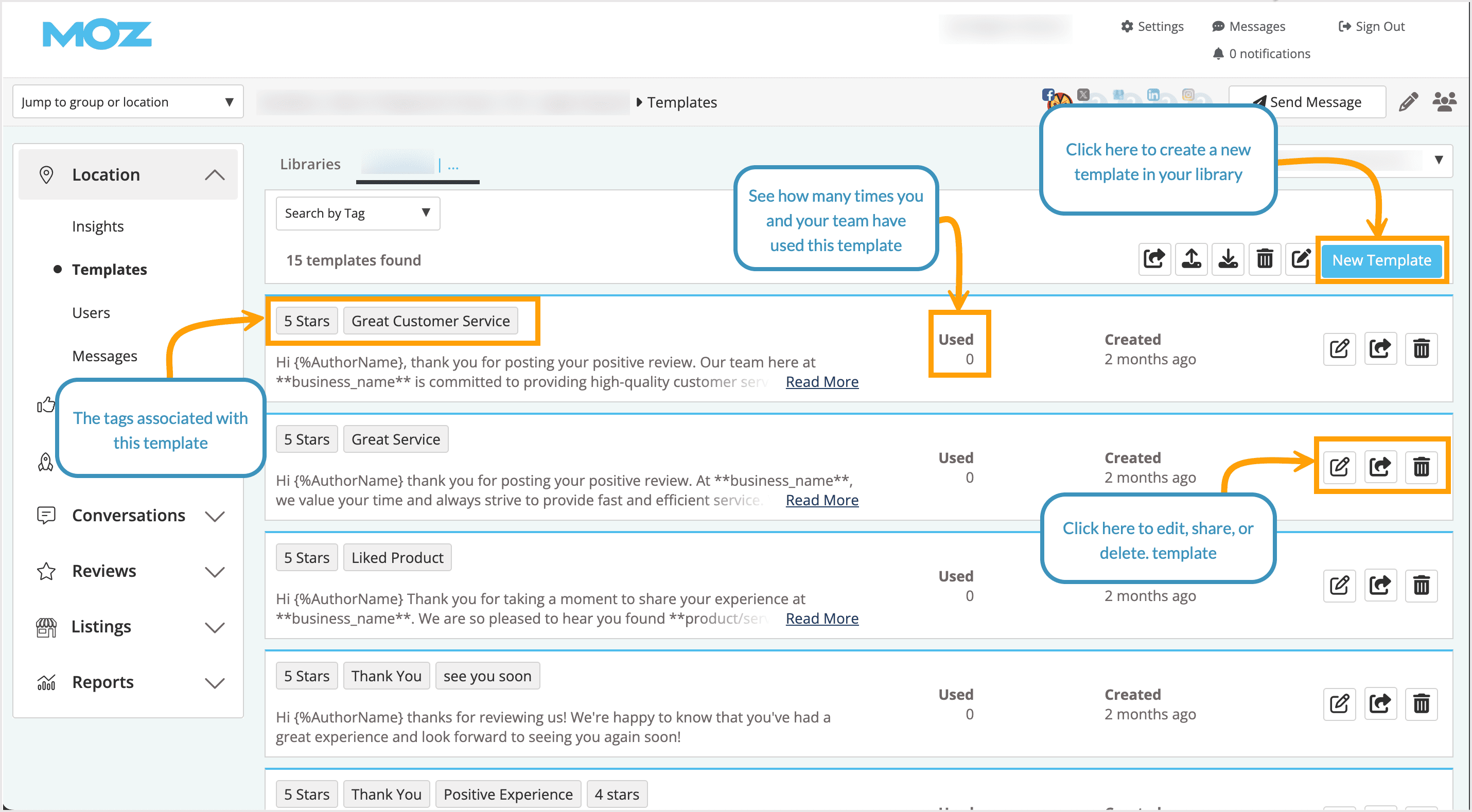 Screenshot of library with templates listed and option to create a new template.