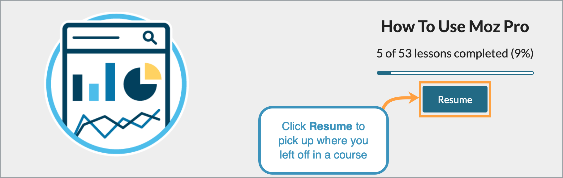 Click Resume to pick up where you left off in a course.