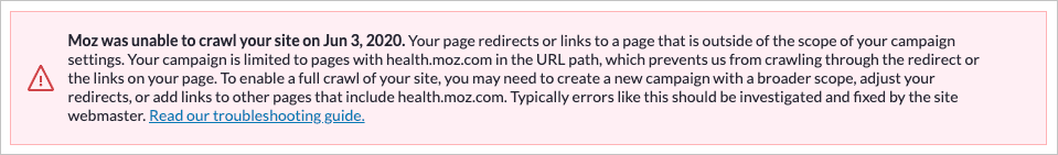 Example of the error message seen in-app when our crawler is being pushed outside the scope of your Campaign settings.