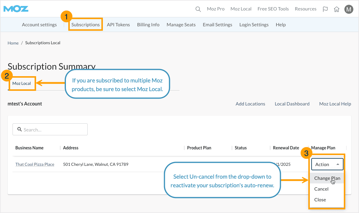 Screenshot of the subscriptions summary page with change plan highlighted.