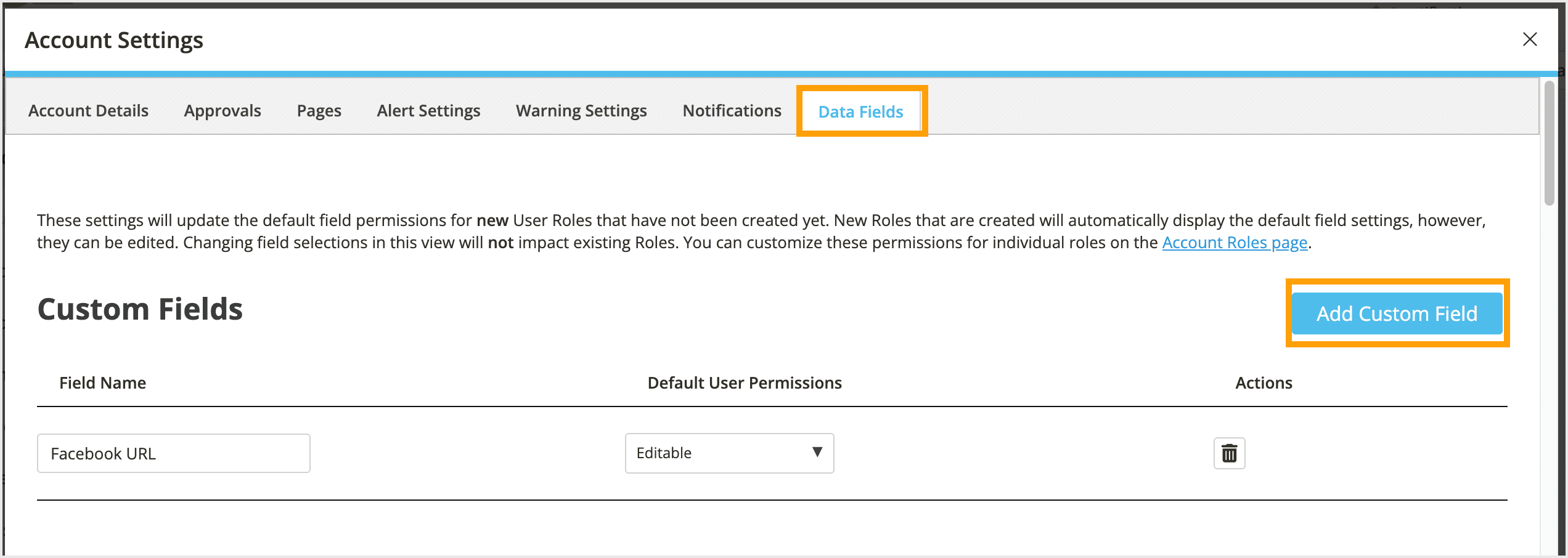 Screenshot of adding custom fields at the account level.