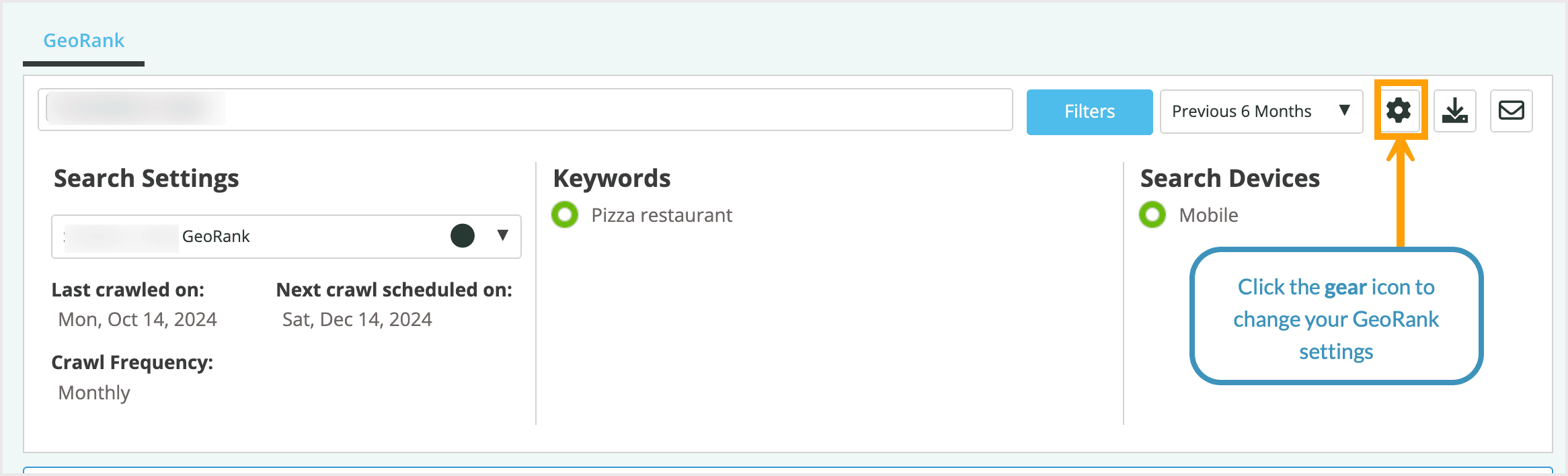 Screenshot of the search settings module with the gear icon highlighted.
