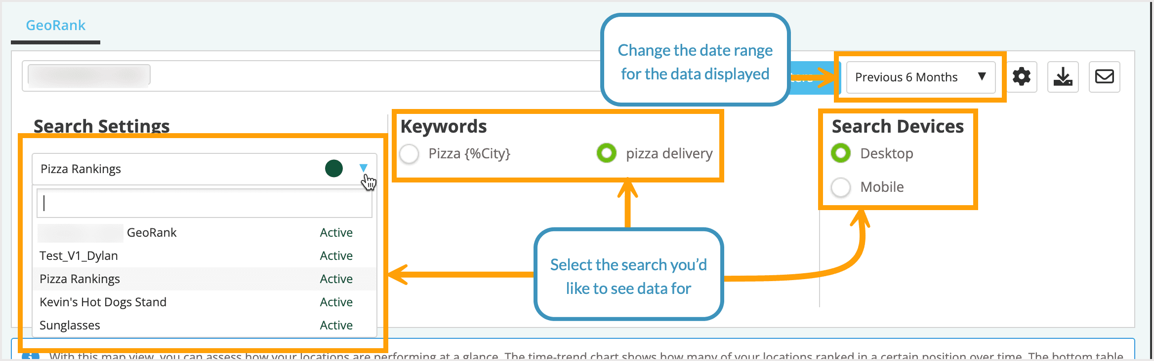 Screenshot of the options to select a settings view.