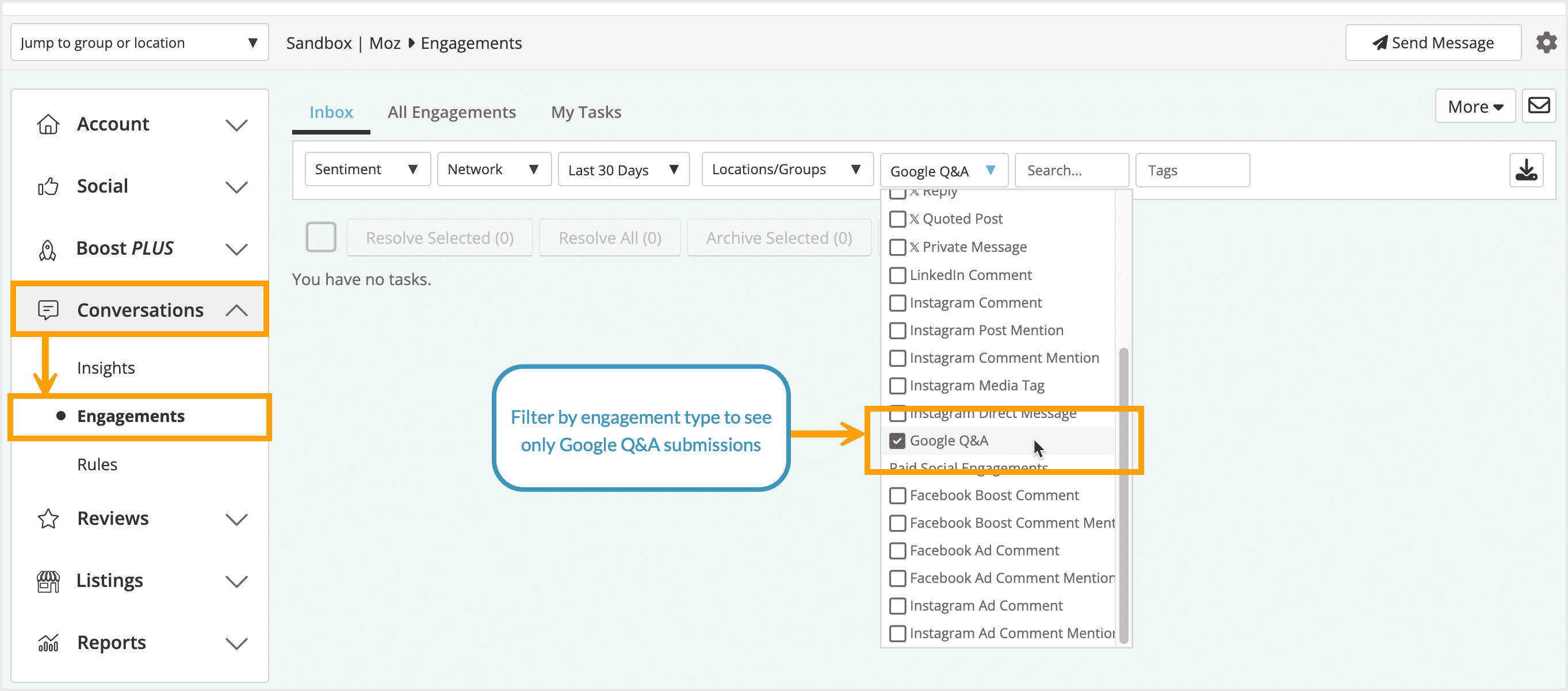 Screenshot of the filter option in Engagements.
