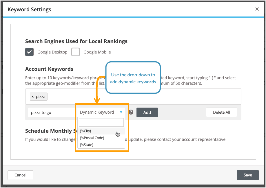 Screenshot of dynamic keyword options.