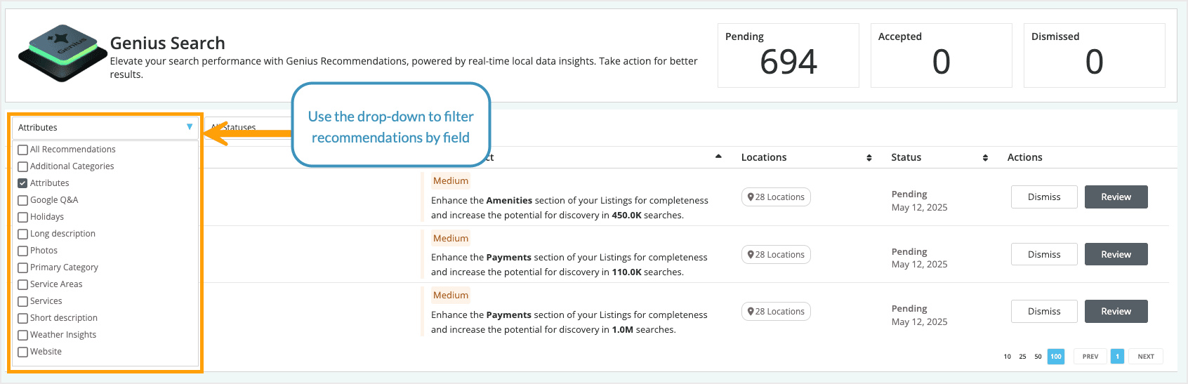 Screenshot of the recommendations dropdown selection.
