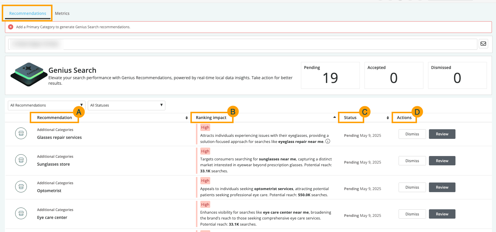 Screenshot of the recommendations tab in Listings AI.