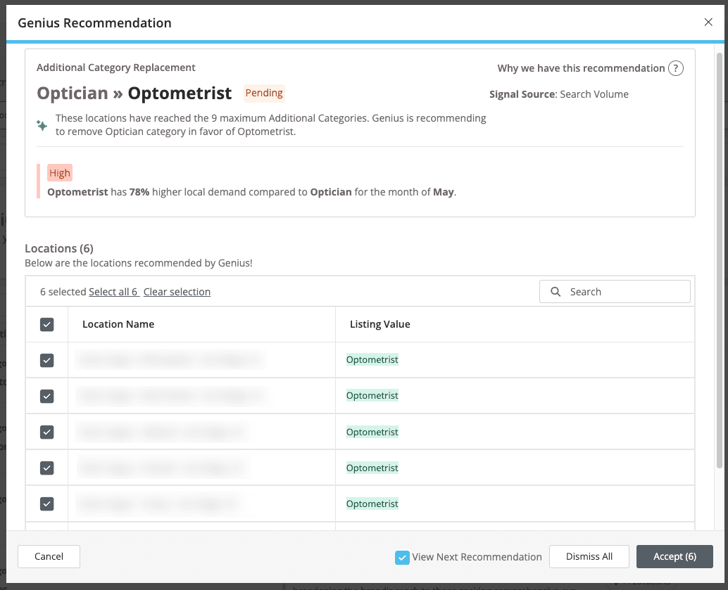 Screenshot of the popup for reviewing a recommendation for multiple locations.