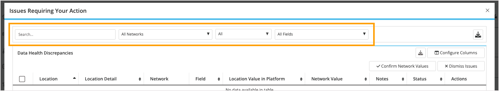 Screenshot of the filter options within the discrepancies window.