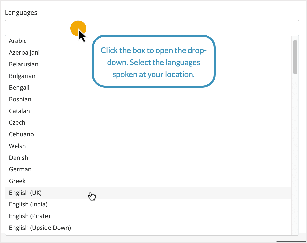 Screenshot of the languages dropdown in your profile.