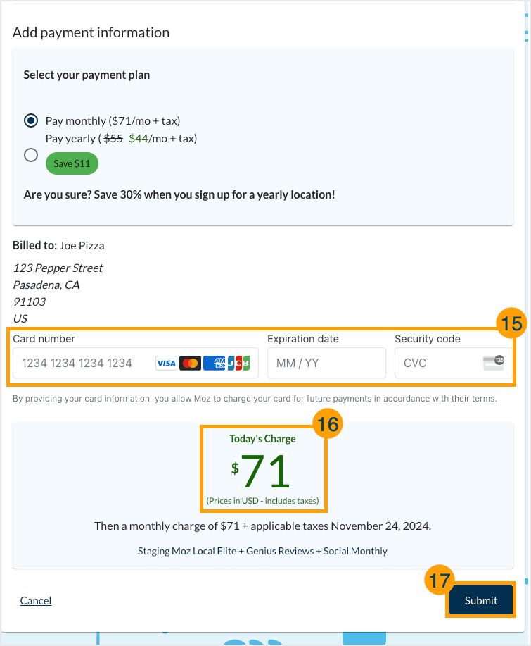 Screenshot of purchase process for Moz Local and where you can enter your card details and confirm your charge.