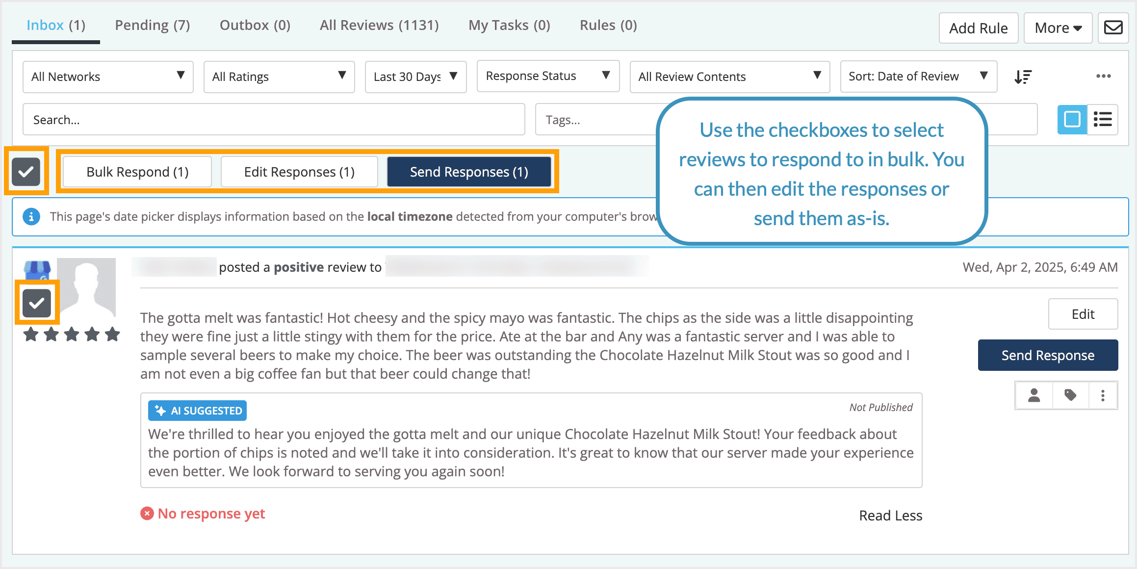 Screenshot of the option to respond to reviews in bulk.