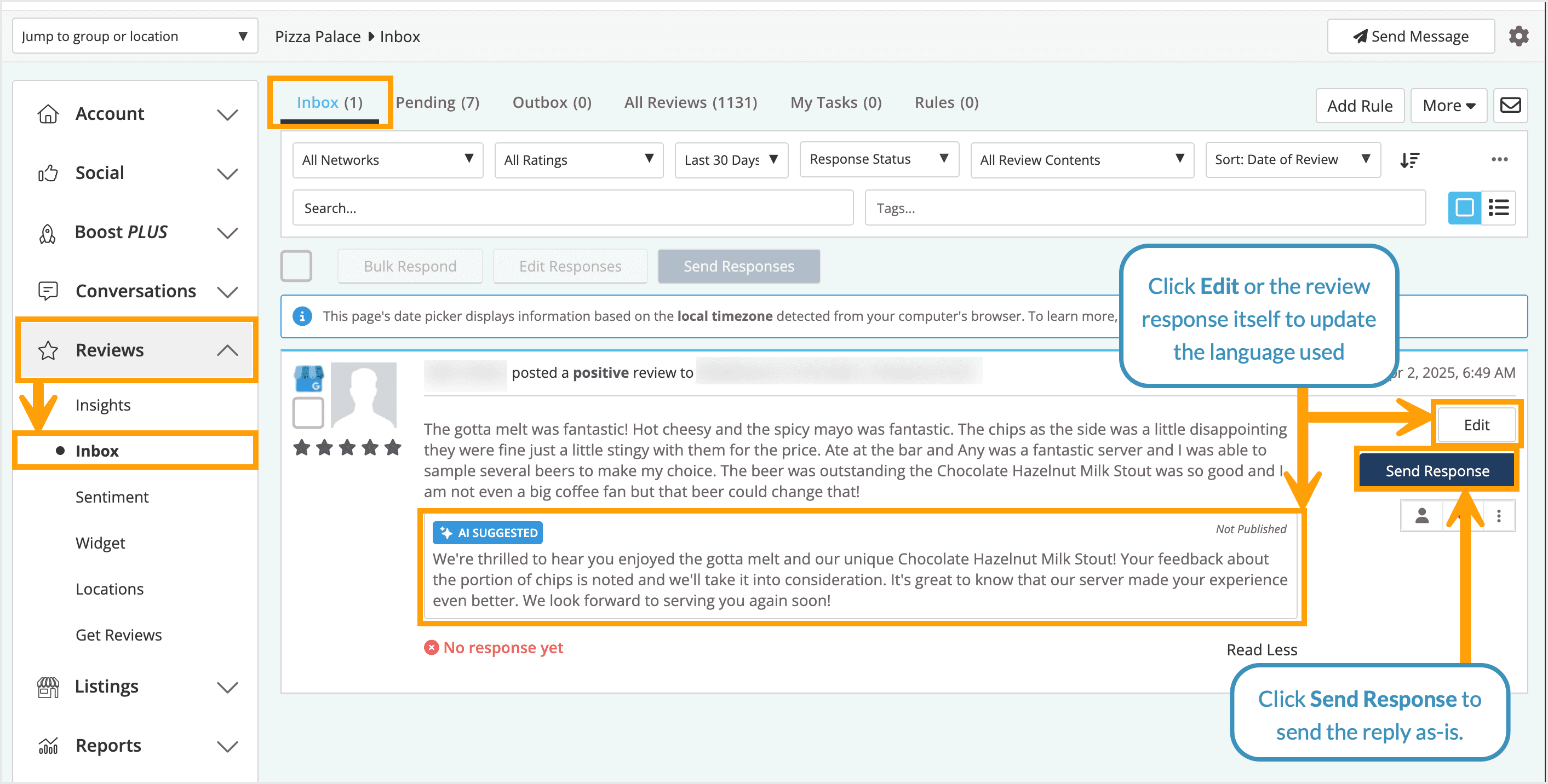 Screenshot of the reviews inbox with an AI-suggested response populated.