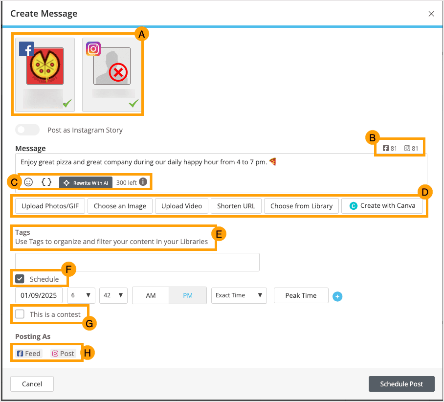 Screenshot of the full create message popup with each section outlined above marked.
