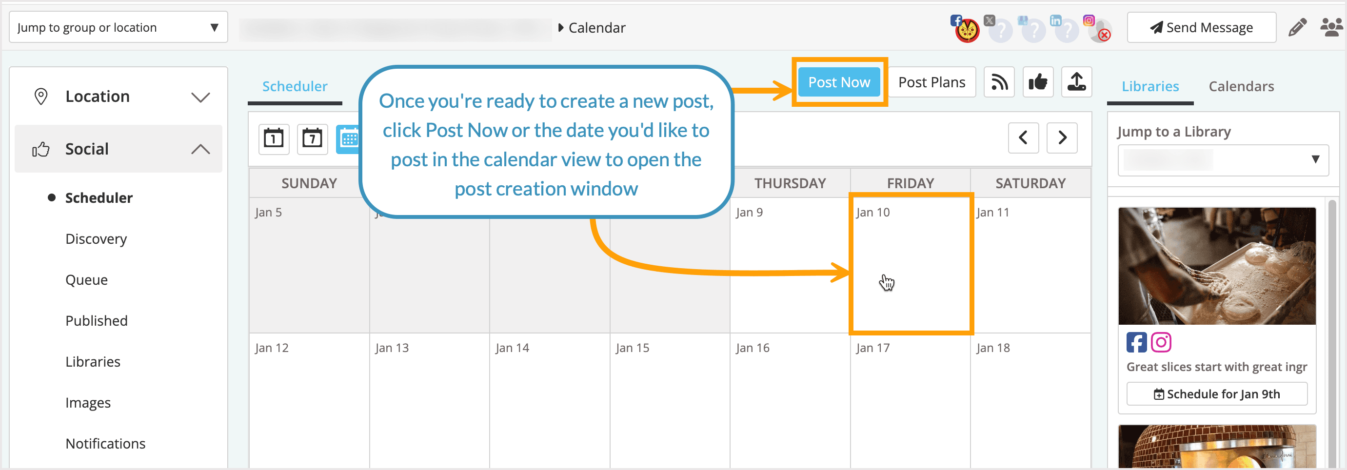 Screenshot showing the options for creating a new post in the scheduler.