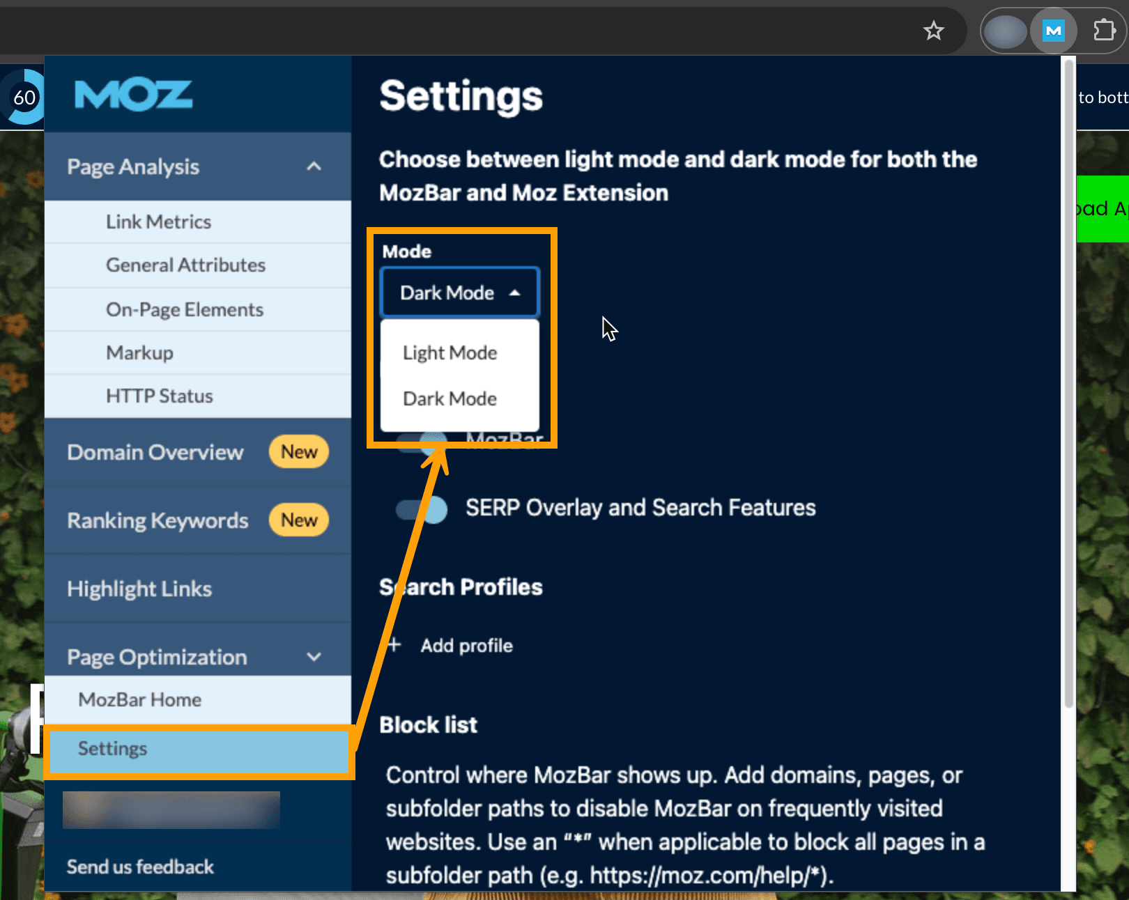 Screenshot showing where the option to switch to dark mode is located in MozBar.