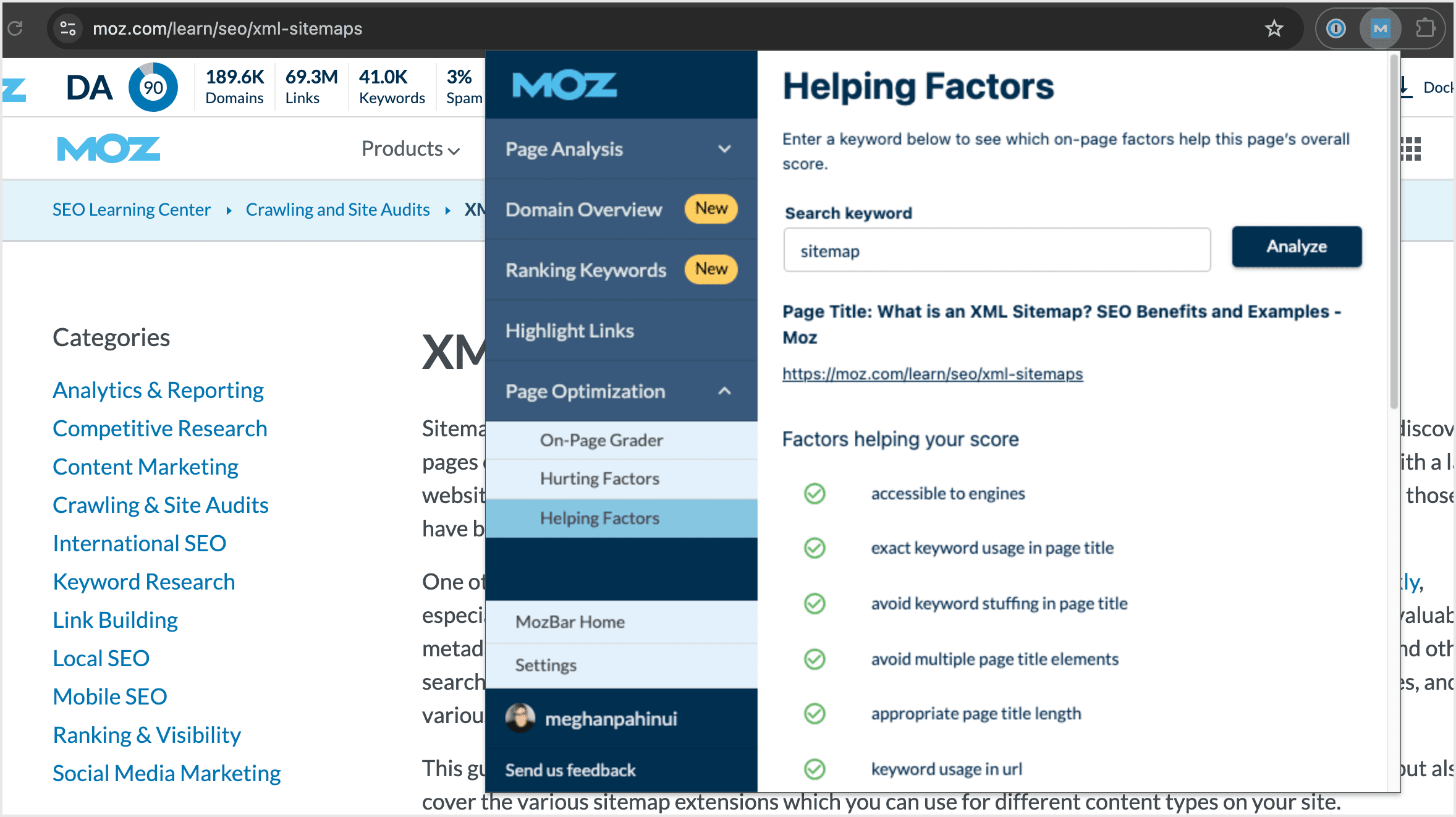 Screenshot of the helping factors section of MozBar's Page Optimization tool.