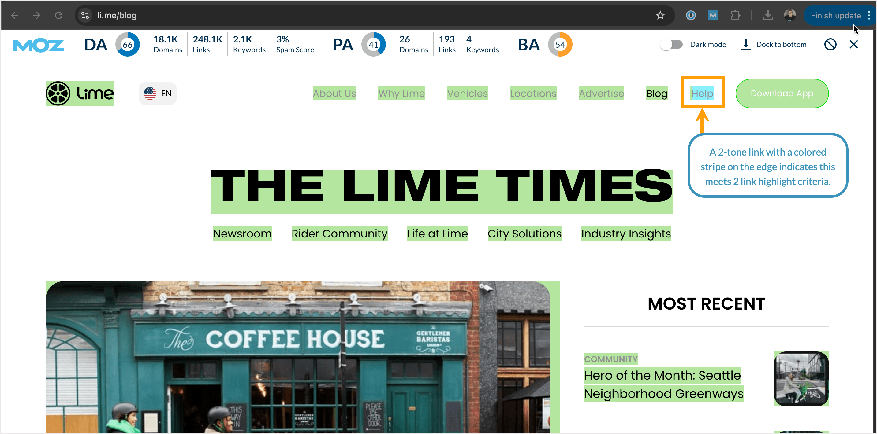 Screenshot of webpage with the MozBar highlight links option turned on.