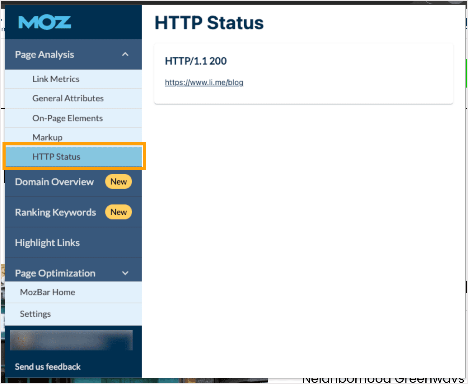 Screenshot of HTTP Status view in MozBar.