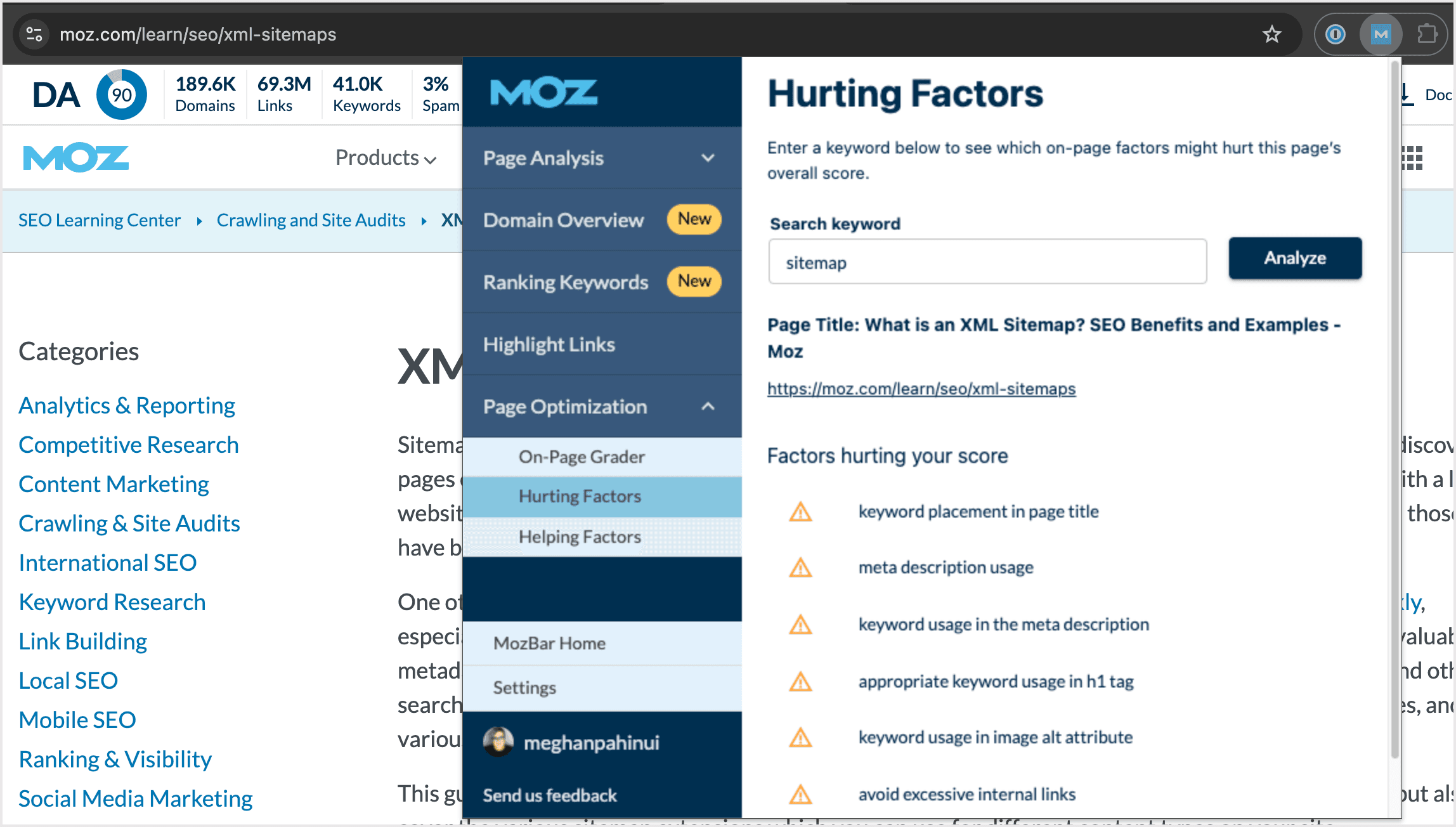 Screenshot of the hurting factors section of MozBar's Page Optimization tool.
