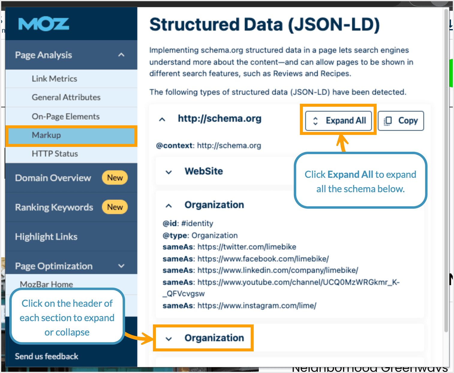 Screenshot of the Markup view of MozBar.
